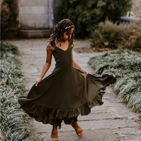 green emerald velvet dress Joyfolie Girls Sonyah Maxi Boho Dress in Neutral Green, Size 3 main image 1